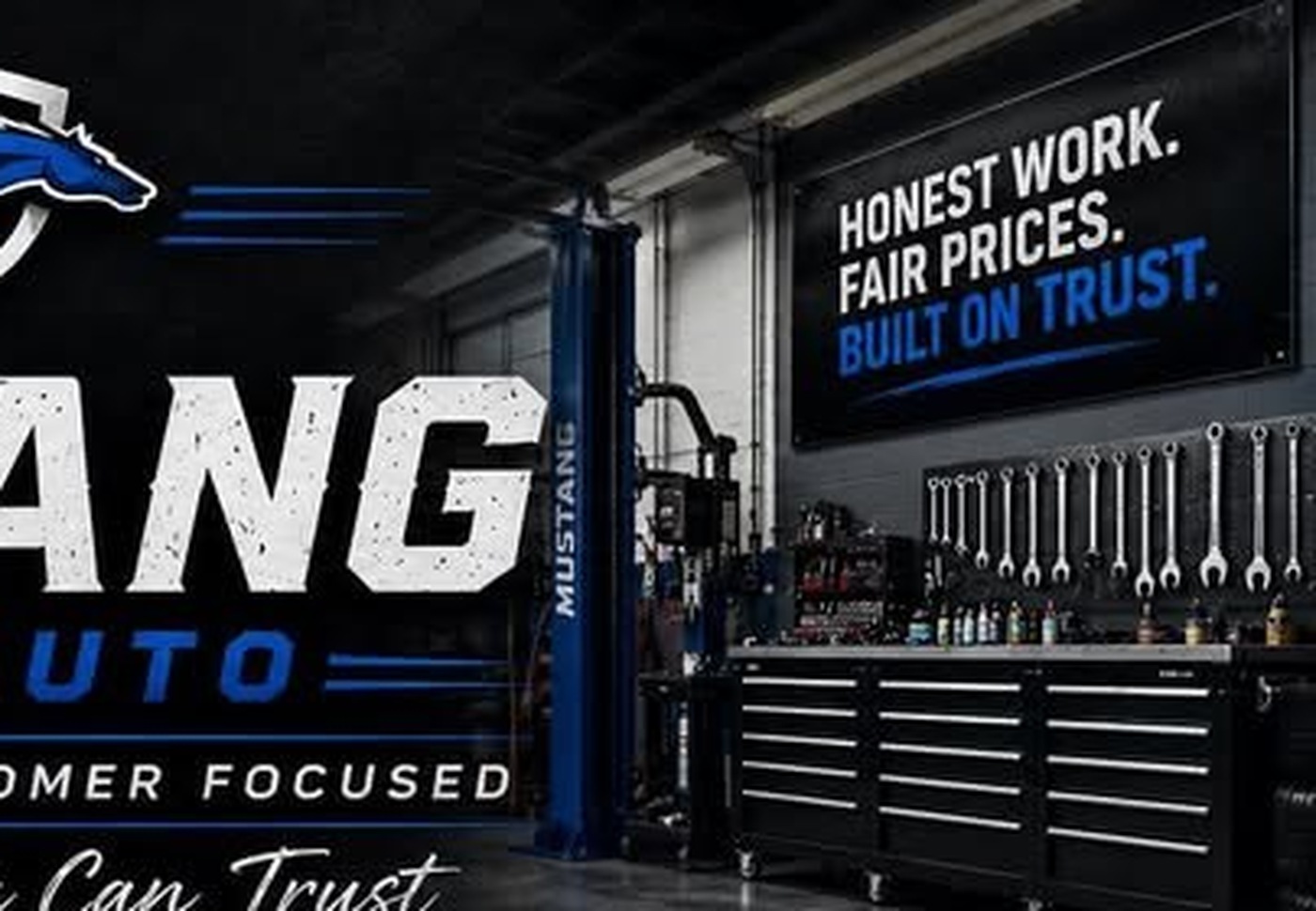 Mustang Tire shop bay with lift and tool chest