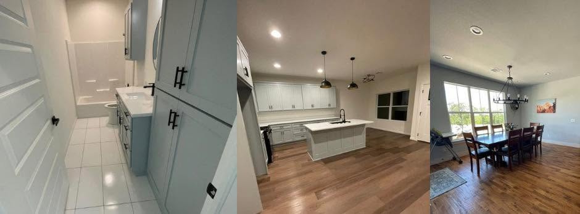 Freshly cleaned bathroom, kitchen, and dining spaces